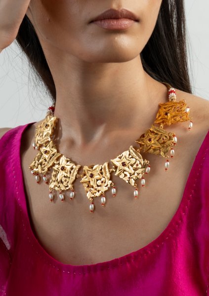 Mrinalini Gold Tone Silver Necklace & Earrings Set