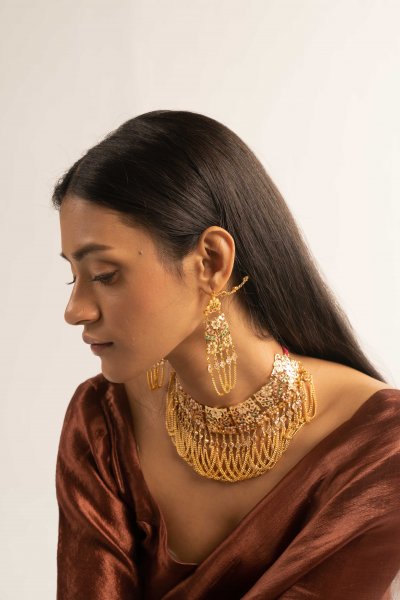 Dehri Gold Tone Silver Necklace & Earrings Set