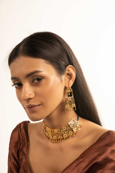 Triveni Gold Tone Necklace & Earrings Set