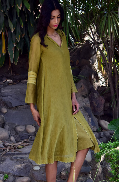 Daiz Muted Green Chanderi Cotton Dress