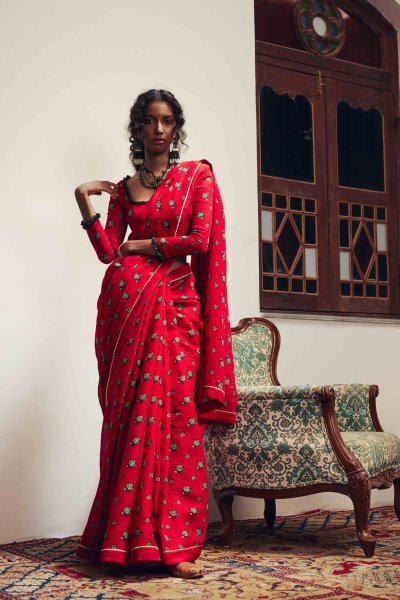 Pingla Red Chintz Saree