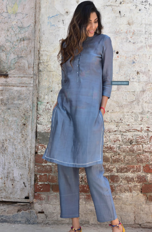 samia grey cotton chanderi kurta pajama set