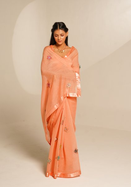 Ever Bloom Peach Chanderi Saree