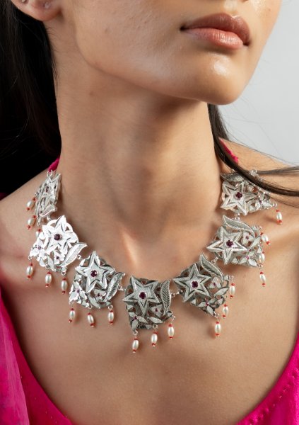 Mrinalini Handmade Silver Necklace & Earrings Set