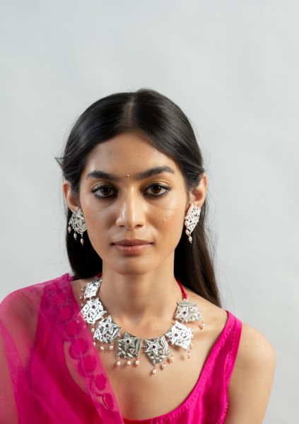 Mrinalini Handmade Silver Necklace & Earrings Set